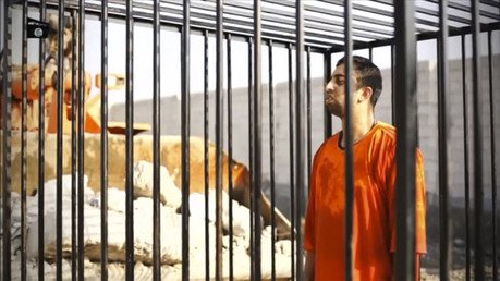 معاذ داخل قفص قبل تنفيذ إعدامه بالحرق حيا، طبقا لما أعلنته داعش، وأفرجت داعش عن الصورة 3 فبراير 2015