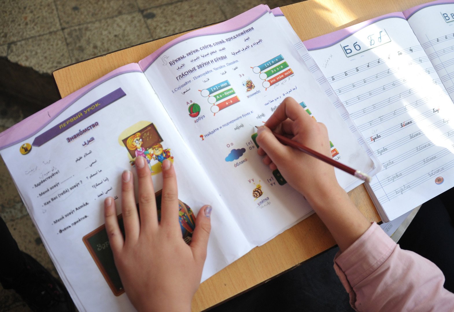 طالبة  في مدرسة سهيل أبو الشملات الإعدادية  باللاذقية تدرس اللغة الروسية