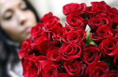 بائعة في محل ورود تحضر الأزهار استعدادا لبيعها في عيد الحب، فيينا، النمسا، 14 فبراير/شباط 2013 