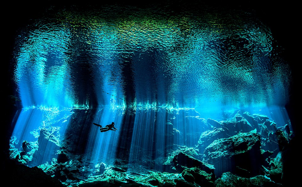 المصور البريطاني، نيك بليك، يلتقط صورة رائعة لتدفق الضوء من خلال Kukulkan Cenote في المكسيك.  وحصد جائزة التصوير تحت الماء لعام 2017، بعد أن استخدم التركيز العالي في الكاميرا ليعكس جمال تناثر الإضاءة من خلال المياه، مع الاستعانة بصديقه الغواص، اندريا كوستانزا، لإغناء الصورة الفنية.