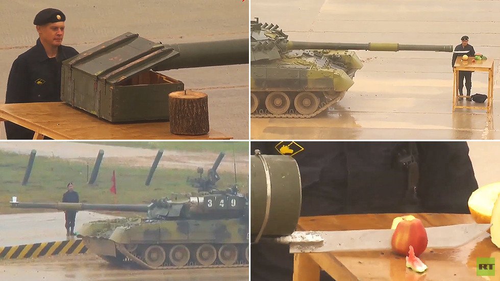 دبابة T-80 الروسية.. ترسم وتقطع الفواكه!