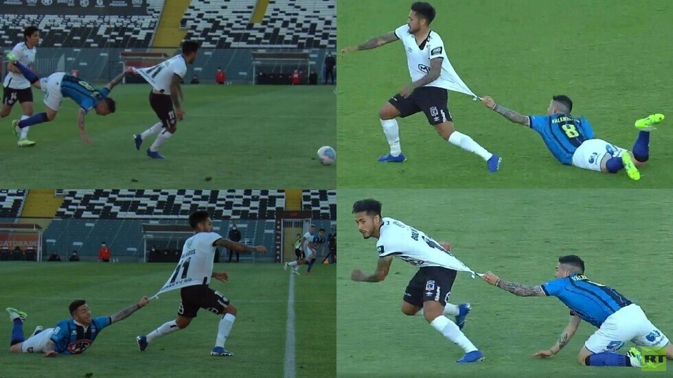شاهد.. لاعب يصر على خلع قميص خصمه بطريقة عنيفة و"كوميدية" في آن واحد