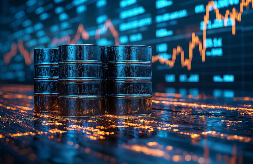 ثلاثة براميل نفط وفي الخلفية تظهر شاشة بورصة زرقاء داكنة تعرض رسوما بيانية ومخططات مالية