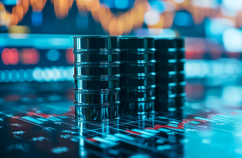 ثلاثة براميل نفط معدنية سوداء تقف في المنتصف فوق شاشة رقمية تعرض جداول ومخططات مالية ملونة باللونين الأحمر والأزرق