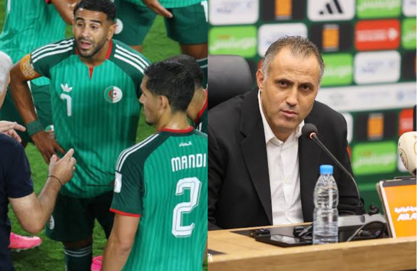 من اليمين مدرب منتخب الجزائر إبراهيم حمداني وعلى اليسار يظهر رياض محرز كابتن المنتخب الجزائري سابقا