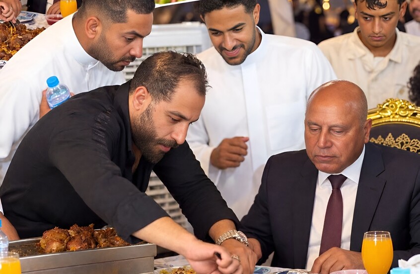 كامل الوزير يجلس على مائدة وليمة كبيرة في حفل زفاف نجل النائب السيناوي موسى أبو عكيرش في شمال سيناء