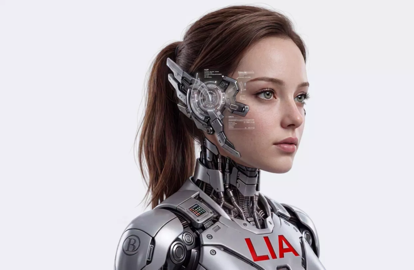 امرأة ذات شعر بني تمتلك جسدا آليا فضيا ومعدنيا مكتوب على صدره اسم "LIA" باللون الأحمر