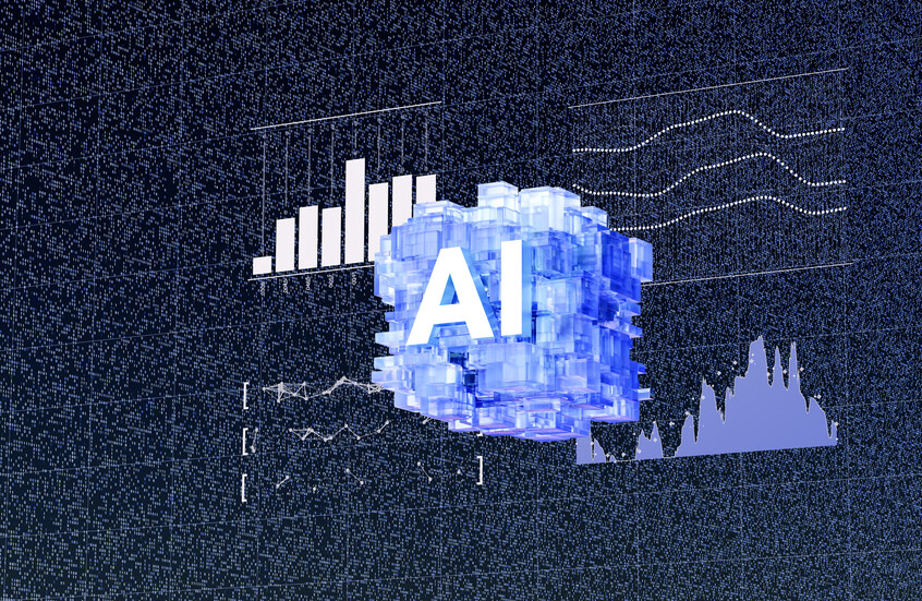 الذكاء الرقمي - أيقونة الذكاء الاصطناعي مضاءة على خلفية بيانات مالية وتدفقات بيانات ثنائية