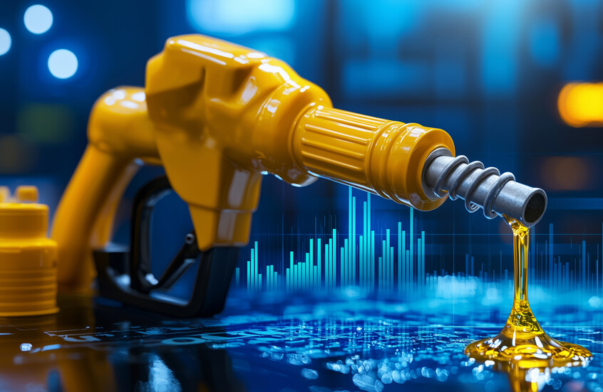 مسدس تعبئة وقود يتدفق منه سائل نفطي يتراكم فوق أرضية رقمية