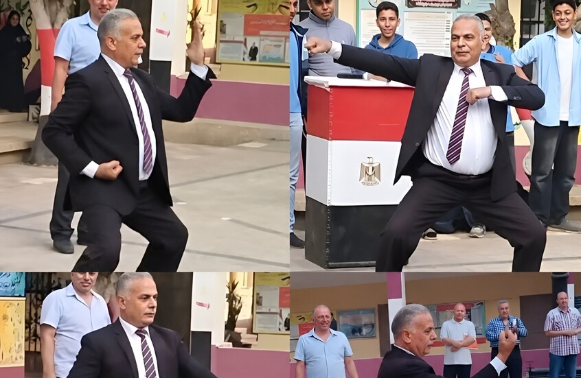 مدير مدرسة مصرية يمارس الفنون القتالية أمام الطلاب في طابور الصباح