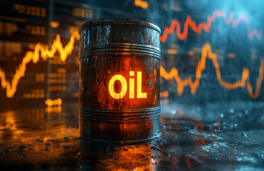 برميل نفط يحمل كلمة Oil مضيئة باللون البرتقالي